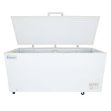 A white Empura chest freezer with a solid lid open, revealing two wire storage baskets inside. This commercial kitchen freezer is rectangular, on wheels, and features a vent and control panel on the front lower right. The spacious interior is empty.