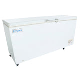 A large white commercial kitchen freezer with a solid top-opening lid, a central handle, and caster wheels. The Empura brand is displayed on the left side, with a vent and control panel visible on the lower right corner of this chest freezer.