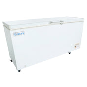 A large white commercial kitchen freezer with a solid top-opening lid, a central handle, and caster wheels. The Empura brand is displayed on the left side, with a vent and control panel visible on the lower right corner of this chest freezer.