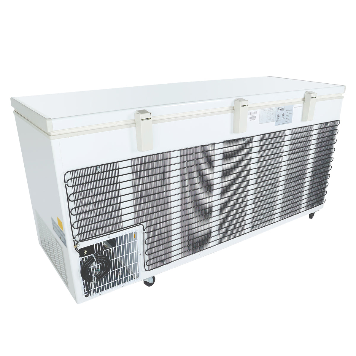 A large, white solid lid freezer with metal latches and a prominent black cooling coil across the front. This commercial kitchen freezer has wheels for mobility and a visible ventilation fan on the lower front left corner.