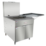 A commercial stainless steel liquid propane fryer with two frying baskets, a closed lower cabinet, side shelf, and raised back panel. The unit stands on four legs, features 170 lb oil capacity, and has the Empura brand visible on the front doors.