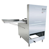 A stainless steel commercial bread slicer with an angled loaf holder and a tray for catching sliced bread. The industrial, utilitarian design is similar to a liquid propane fryer with a 170 lb oil capacity, and features a caution label on the upper side.