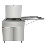 A stainless steel commercial Empura grill with two cabinet doors below, an open top lid revealing the grill surface, and a side shelf unfolded to the right. The clean, modern unit pairs well with a liquid propane fryer or donut fryer in any kitchen setup.