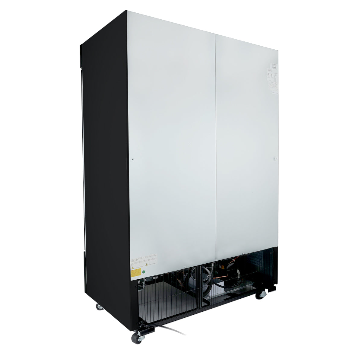A large, upright commercial freezer with a silver front and black sides features two large doors and ventilation grilles at the bottom. This Freezer merchandiser is mounted on wheels for mobility and photographed against a plain white background.