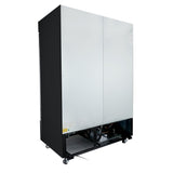 A large, upright commercial freezer with a silver front and black sides features two large doors and ventilation grilles at the bottom. This Freezer merchandiser is mounted on wheels for mobility and photographed against a plain white background.