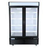 A commercial Empura Refrigeration glass-door freezer with two clear swinging doors, black frame, four adjustable white shelves, and a blank white panel at the top. The interior is empty and brightly lit, with a vent and wheels at the bottom.