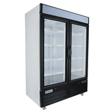 A commercial Empura Refrigeration two-door glass display refrigerator with a black frame, white interior, and adjustable shelves. This Glass Door Freezer features transparent doors with handles, small wheels for mobility, and a visible Empura brand label.