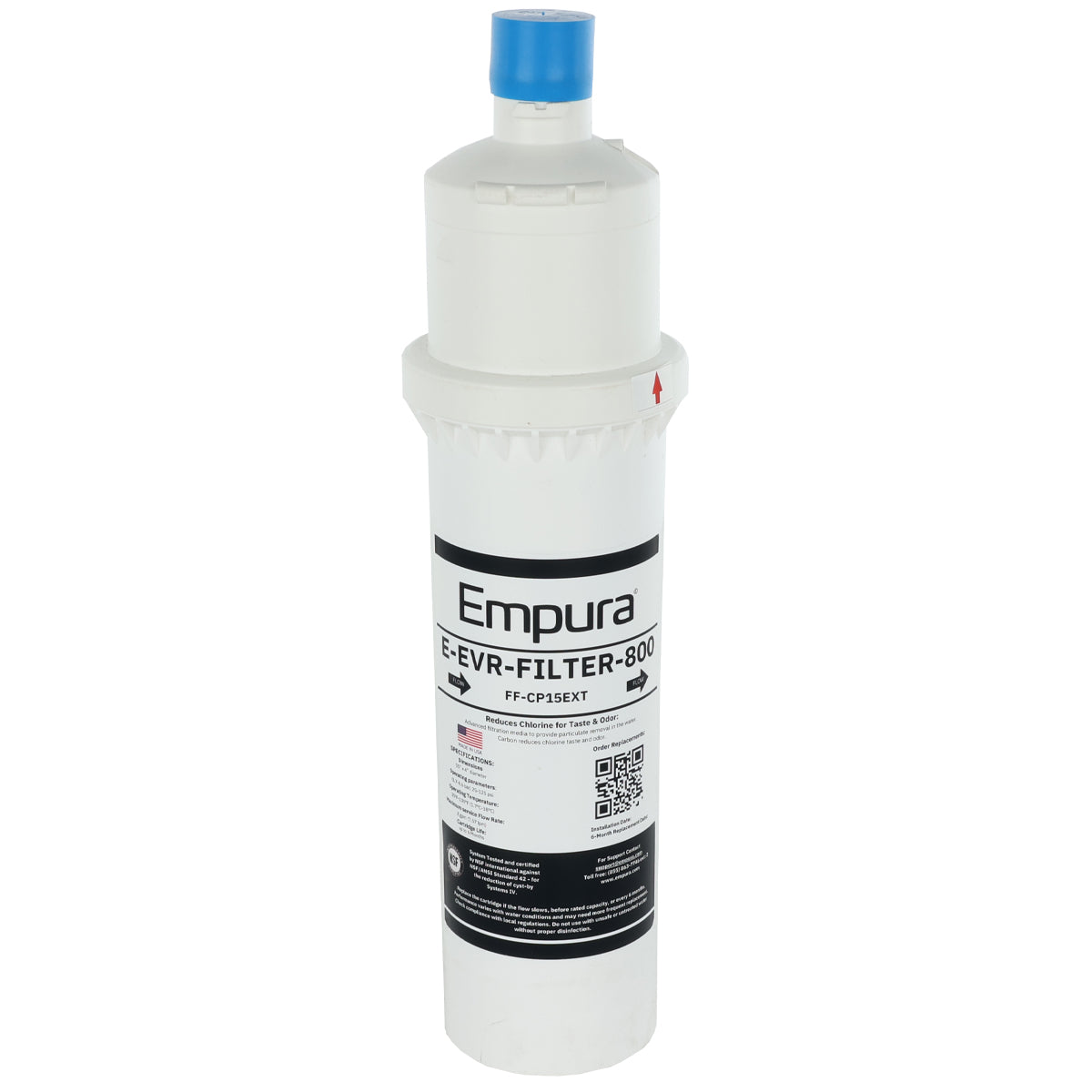 A white cylindrical water filter cartridge labeled Empura E-EVR-Filter-800 with a blue cap on top. Designed for retrofit cartridges, this carbon based filtration system features a detailed label with QR code and usage instructions, set against a plain background.