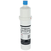 A white cylindrical water filter cartridge labeled Empura E-EVR-Filter-800 with a blue cap on top. Designed for retrofit cartridges, this carbon based filtration system features a detailed label with QR code and usage instructions, set against a plain background.