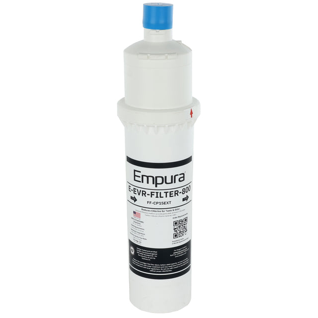 A white cylindrical water filter cartridge labeled Empura E-EVR-Filter-800 with a blue cap on top. Designed for retrofit cartridges, this carbon based filtration system features a detailed label with QR code and usage instructions, set against a plain background.