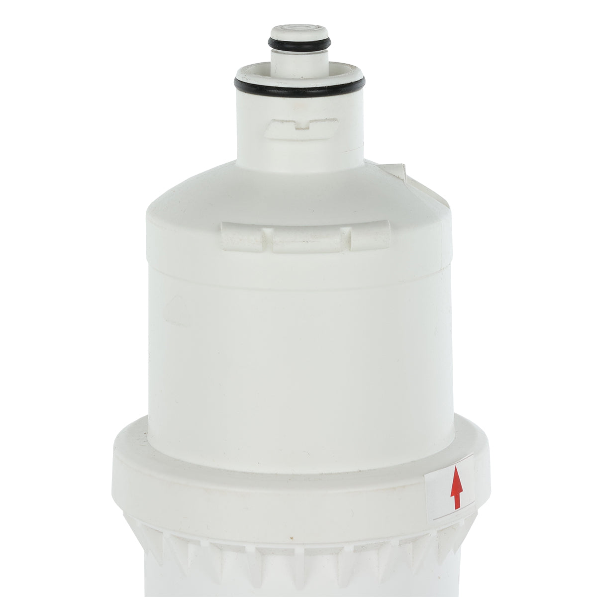 A white cylindrical water filter cartridge designed for carbon based filtration, featuring a small black ring at the top and a red arrow sticker near the base to indicate installation direction. The surface is smooth with minor detailing and ridges around the lower part.