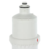 A white cylindrical water filter cartridge designed for carbon based filtration, featuring a small black ring at the top and a red arrow sticker near the base to indicate installation direction. The surface is smooth with minor detailing and ridges around the lower part.