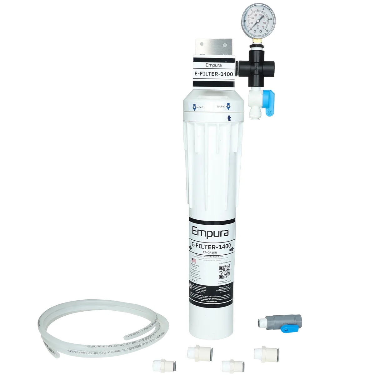 A white Empura E-Filter-1400 Water Filtration System stands upright, featuring a pressure gauge and labeled details—ideal for commercial ice machines. Surrounding it are connection fittings, a white tubing coil, and a small blue-gray tool.