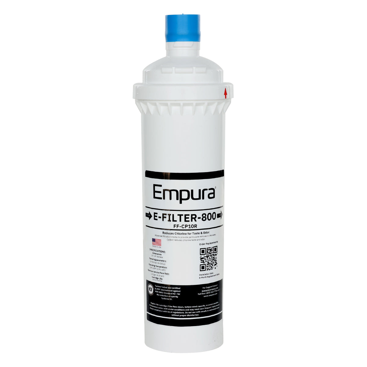 A white cylindrical Empura E-Filter-800 carbon filter cartridge with a blue cap is shown standing upright. The label displays the brand, model number (FF-CF10R), and details on sediment reduction for your Water Filtration System, plus an American flag.