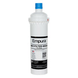 A white cylindrical Empura E-Filter-800 carbon filter cartridge with a blue cap is shown standing upright. The label displays the brand, model number (FF-CF10R), and details on sediment reduction for your Water Filtration System, plus an American flag.