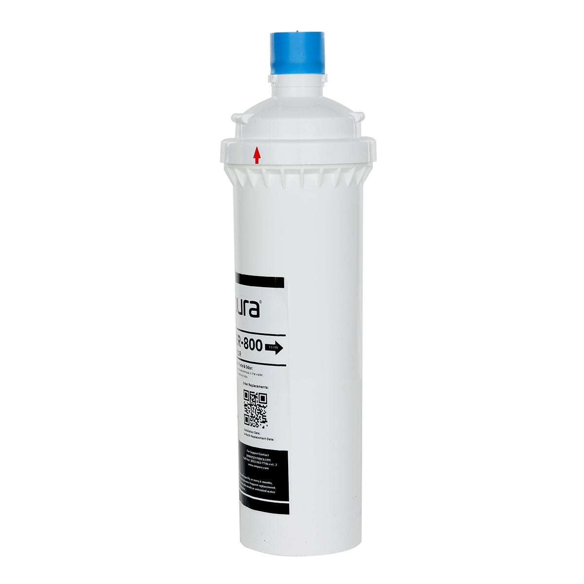 A cylindrical white water filter cartridge with a blue cap, designed for sediment reduction in your Water Filtration System. The filter features a label with text, a barcode, and black and red arrows indicating installation direction.