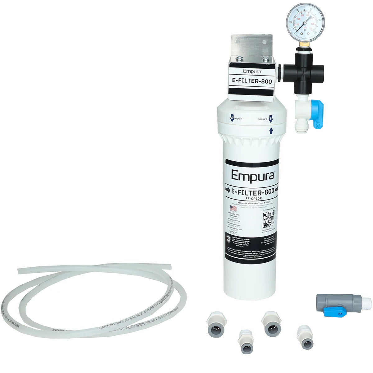 A white Empura E-Filter-800 water filtration system is shown upright with a pressure gauge, shutoff valve, and fittings. Ideal for commercial ice machines, it includes four connectors, flexible tubing, and a blue-handled install tool on a white background.