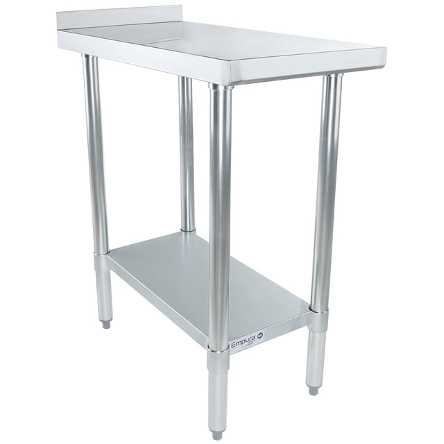 A stainless steel prep table with four cylindrical legs, a lower storage shelf, and a raised backsplash. This NSF table is sturdy and simple, ideal for kitchens or workspaces. The surface is smooth and reflective.