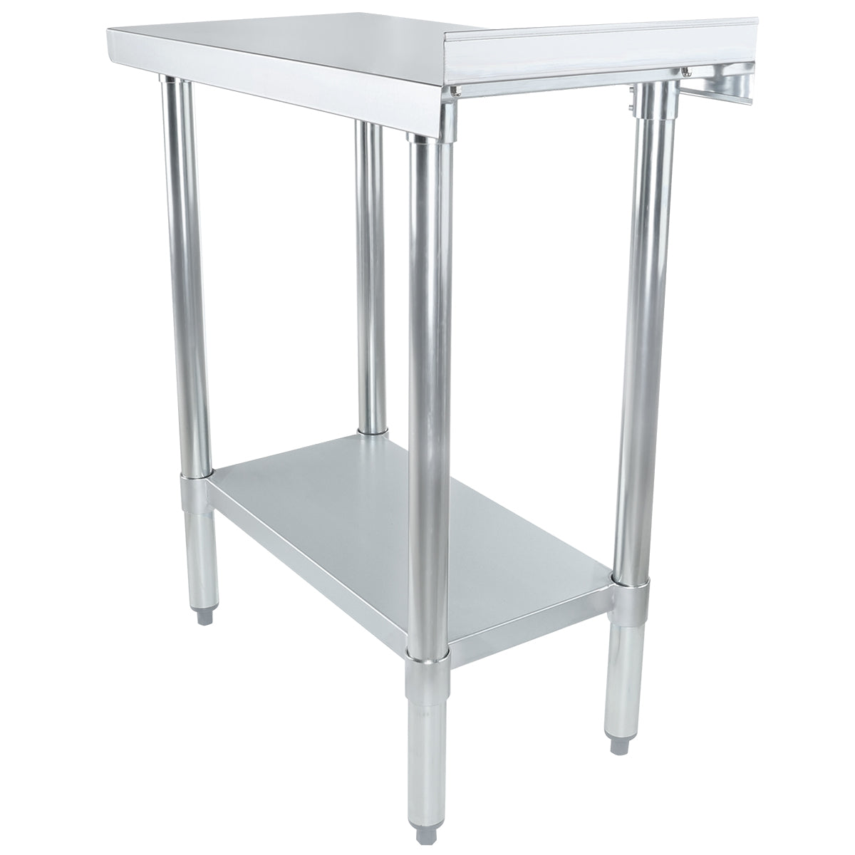 A stainless steel table with four legs, a smooth rectangular top, and a lower shelf for storage. This NSF table features an open design, adjustable feet, and a slightly raised back edge on the right side with a shiny metallic finish.