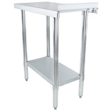 A stainless steel table with four legs, a smooth rectangular top, and a lower shelf for storage. This NSF table features an open design, adjustable feet, and a slightly raised back edge on the right side with a shiny metallic finish.