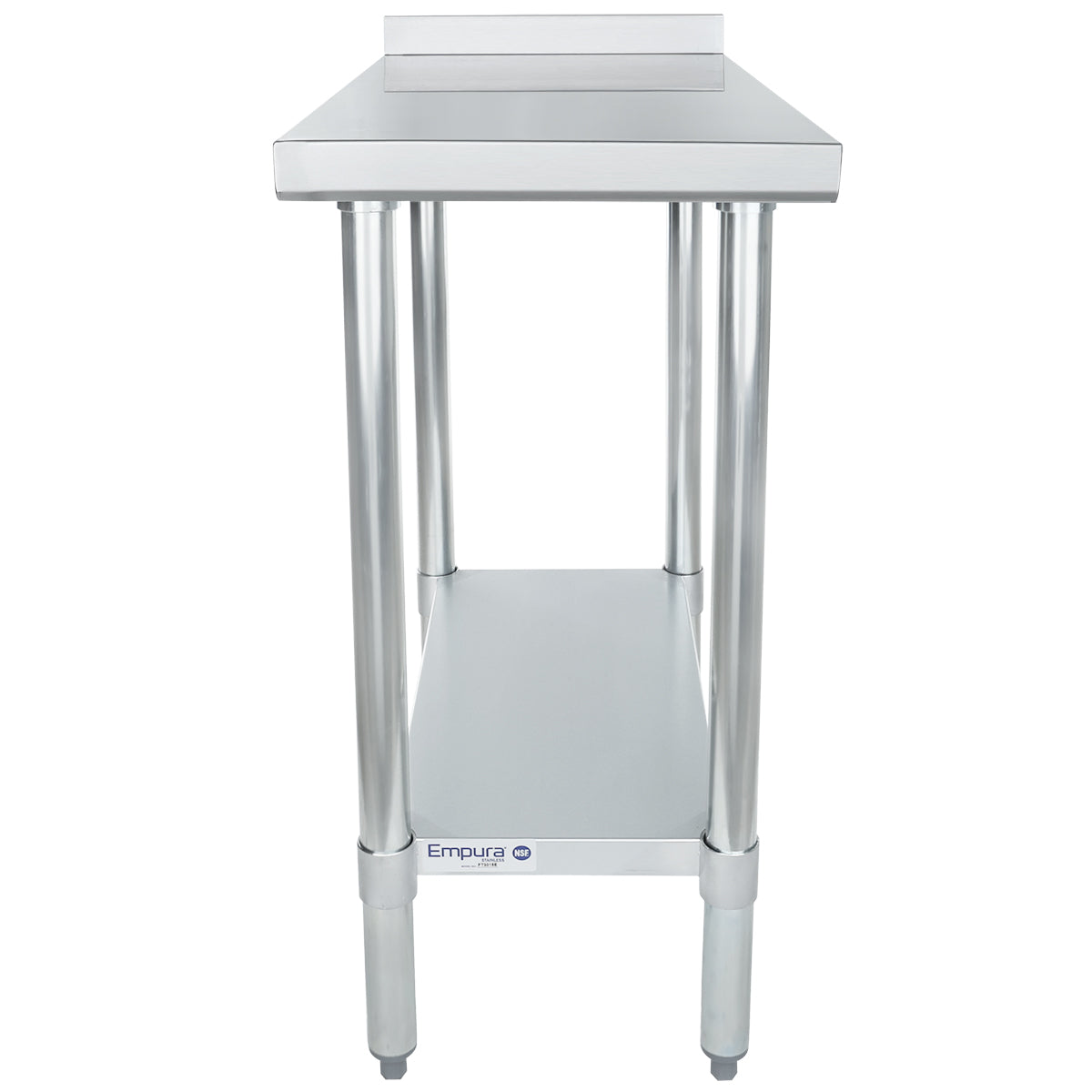 A stainless steel NSF table with four cylindrical legs, a flat top surface, a raised rear edge, and a lower shelf. The Empura filler table is labeled on the front and photographed against a white background.