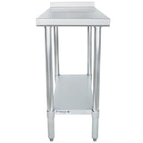 A stainless steel NSF table with four cylindrical legs, a flat top surface, a raised rear edge, and a lower shelf. The Empura filler table is labeled on the front and photographed against a white background.