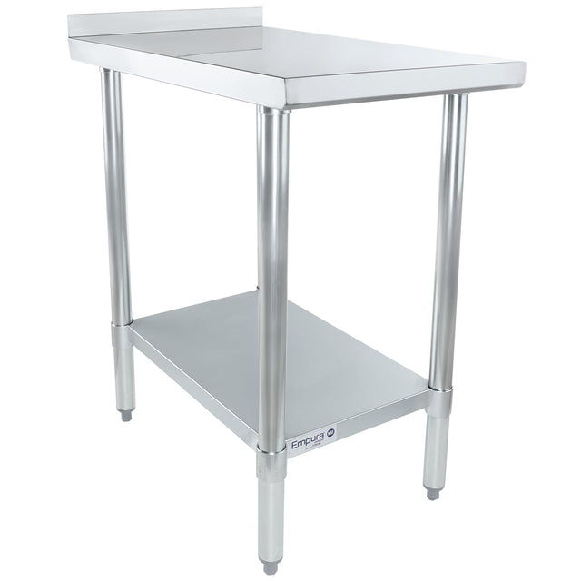 A stainless steel table with NSF certification, four cylindrical legs, an undershelf, and an upturned back edge. The Empura Filler Table features a smooth, shiny surface and is set against a plain white background.