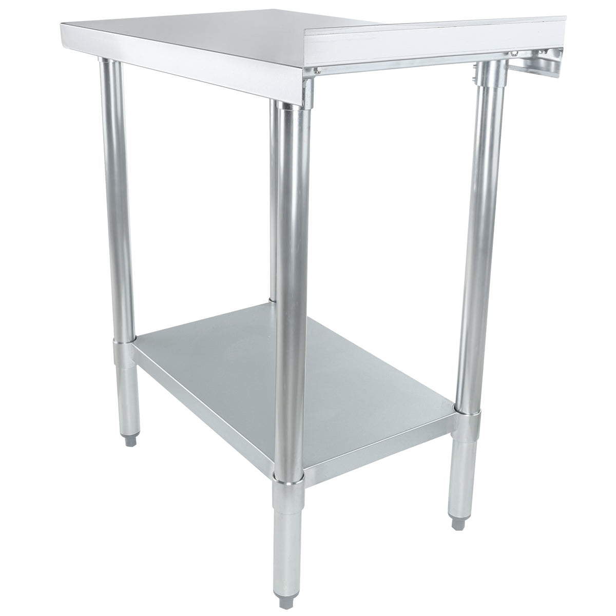 A stainless steel table with NSF certification, featuring a smooth rectangular top, four round legs, and an undershelf for storage. This modern Filler Table has adjustable feet, perfect for kitchens or workspaces seeking industrial style.