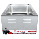 A stainless steel Empura electric countertop food warmer with a deep 27 qt basin, front control knob, vent slots, and a red label displaying model E-FW1200 and 1200 watt rating. The Empura brand name is boldly printed on the front.