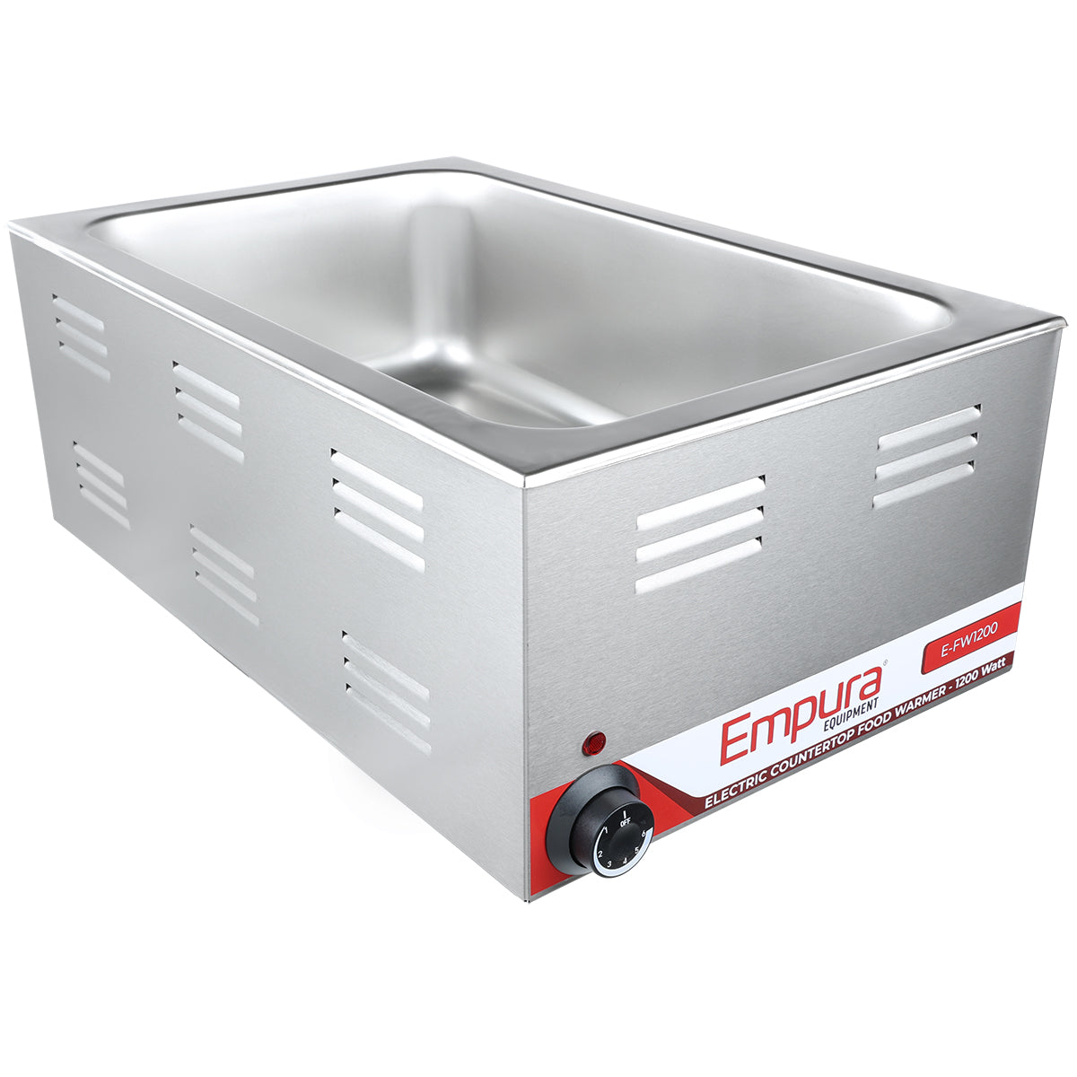 A stainless steel electric food warmer with a rectangular basin, vented side panels, and a control knob on the front labeled “Empura.” The front panel displays model number EFW120 and product details in red and white.