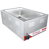 A stainless steel electric food warmer with a rectangular basin, vented side panels, and a control knob on the front labeled “Empura.” The front panel displays model number EFW120 and product details in red and white.