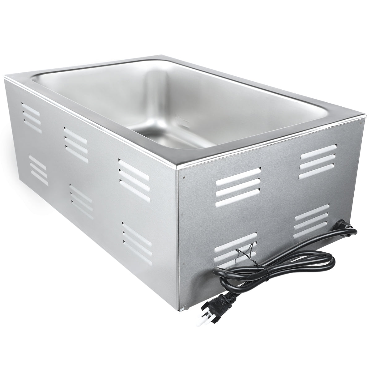 A sleek, industrial 27 qt food warmer with vented sides and a deep stainless steel basin, this electric countertop unit is designed for commercial use to keep food hot. Features include a black cord with plug for easy operation.