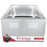 A stainless steel electric countertop food warmer with a 27 qt capacity features a rectangular basin. The front panel has a power knob, ventilation slits, and labels reading Empura Equipment, E-FWC1500, and Electric Countertop Food Cooker/Warmer - 1500 Watt.