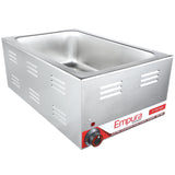 A stainless steel electric countertop food warmer with 27 qt capacity features vented sides, a deep rectangular pan, and a control knob on the red-accented Empura front. The unit is empty and sits on a white background.