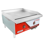 A commercial stainless steel griddle, the Empura E-GRID-24 is an electric countertop griddle with a smooth flat surface, dual control knobs, red front panel, raised sides and back, and clear product and brand labeling.