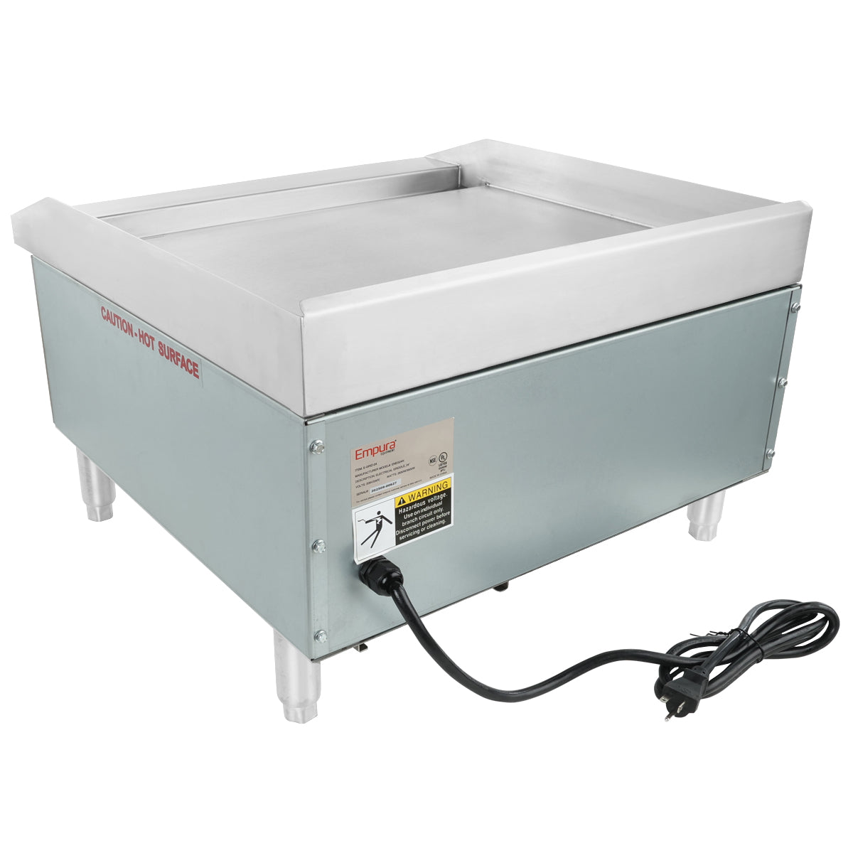 The Empura E-GRID-24 stainless steel griddle features raised edges, four sturdy legs, a power cord, and a caution label for hot surfaces. This electric countertop griddle is clean and displayed on a white background.