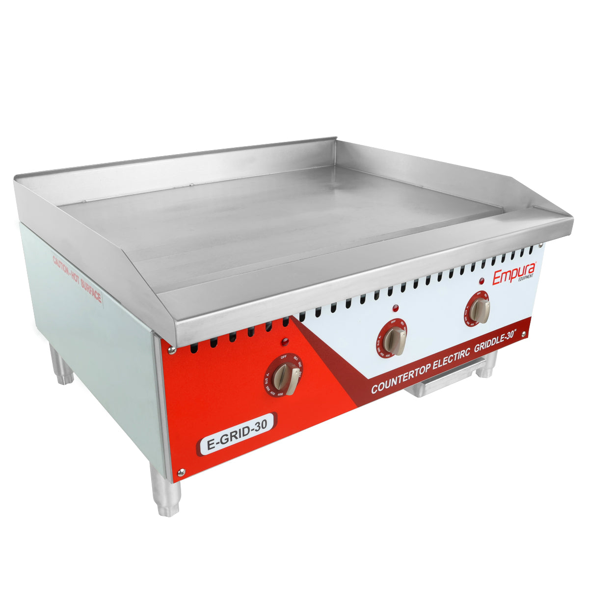 The Empura griddle is a commercial electric countertop griddle featuring a flat stainless steel cooking surface, red and white front panel, silver control knobs, four sturdy legs, and raised back and side splashes for cleaner cooking.