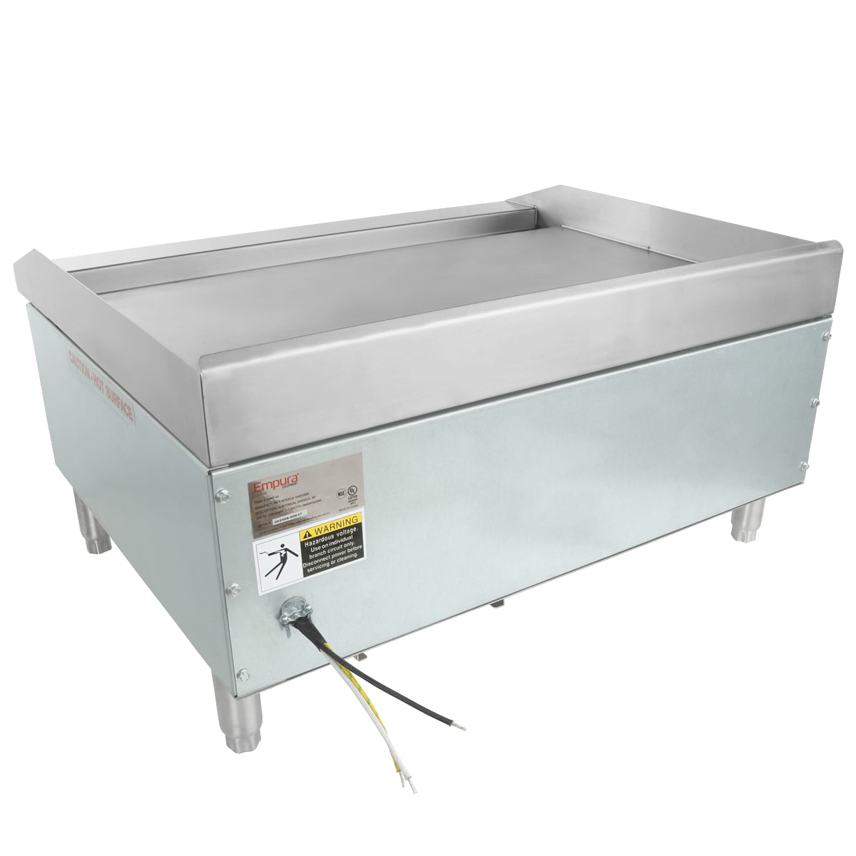 A commercial-grade Empura electric countertop griddle with raised edges, control panel, and warning label on the front. This stainless steel griddle features four metal legs and exposed electrical wires extending from the lower front side against a plain white background.