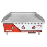 A stainless steel Empura griddle, this electric countertop griddle features three control knobs on a red and white front panel labeled E-GRID-30. The flat cooking surface has raised back and sides for convenient use.