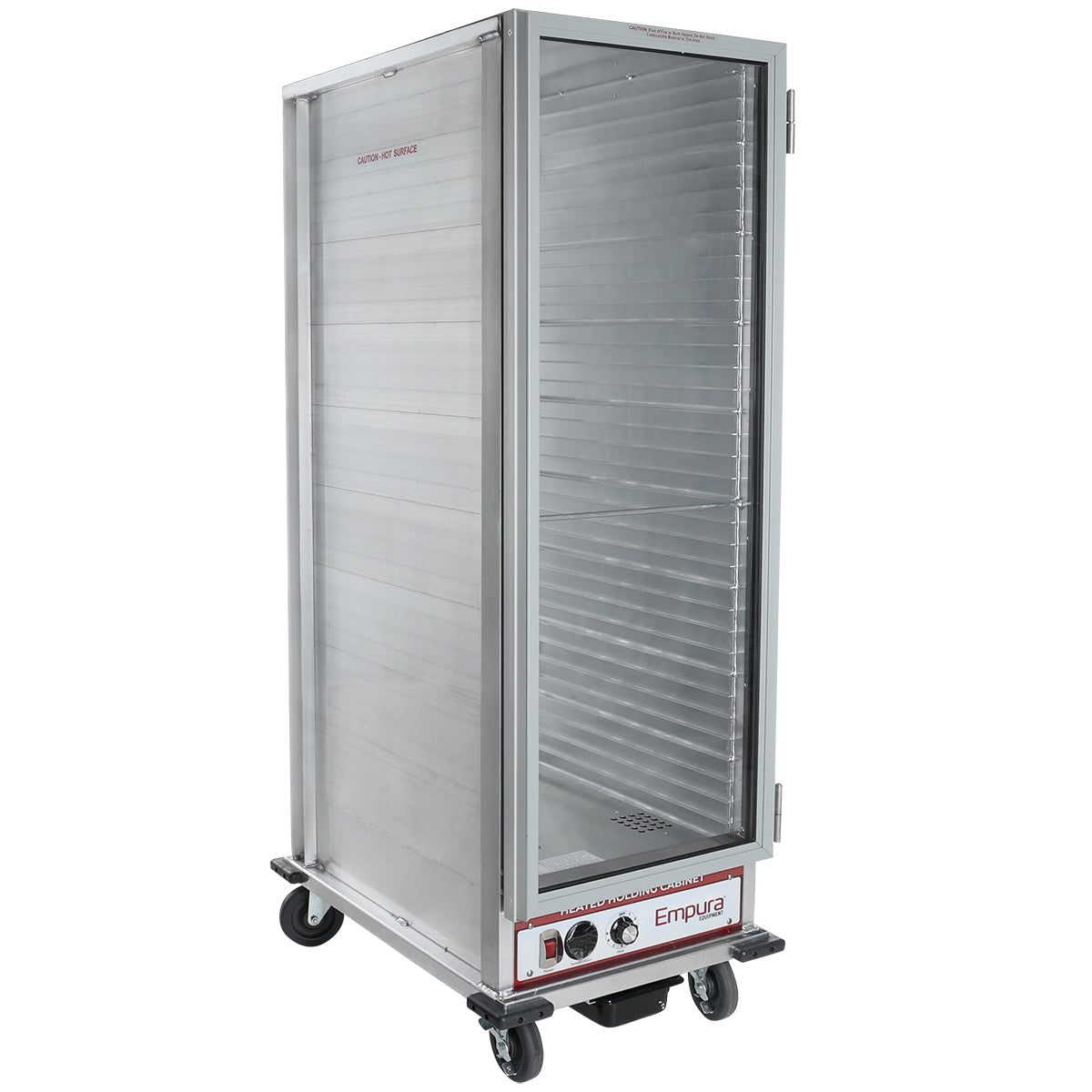 A silver, full size heating holding cabinet with a transparent door, metal wire rack slots for up to 36 pan capacity inside, control knobs and indicator lights at the bottom. The unit is on four black caster wheels and labeled “Empura” on the front.