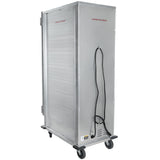 A large, full size silver metal heating holding cabinet on wheels with a solid door, ventilation slits, black power cord on the back, and red “CAUTION-HOT SURFACE” warning. This 36 pan capacity cabinet is upright and viewed from the rear.