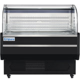 A black Empura refrigerated display case with a curved glass top and metal accents, featuring a vented base and clear front for showcasing food items. The empty, well-lit interior highlights Empura refrigeration’s quality, with the logo visible on the left.