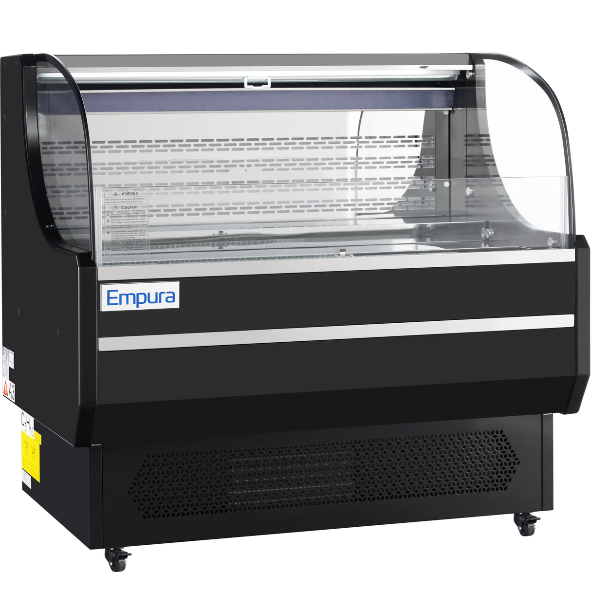 A commercial Empura refrigeration display case with a curved glass front, black exterior, and Empura logo. The interior features metal shelving and a vented cooling section, ideal for showcasing perishable items in this premium refrigerated display case.