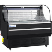 A commercial Empura refrigeration display case with a curved glass front, black exterior, and Empura logo. The interior features metal shelving and a vented cooling section, ideal for showcasing perishable items in this premium refrigerated display case.
