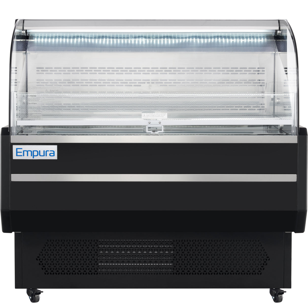 An Empura Refrigeration open air merchandiser features a curved glass front, black exterior, and LED-lit interior shelves. The refrigerated display case is empty and perfect for showcasing food in stores or delis.