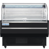 An Empura Refrigeration open air merchandiser features a curved glass front, black exterior, and LED-lit interior shelves. The refrigerated display case is empty and perfect for showcasing food in stores or delis.