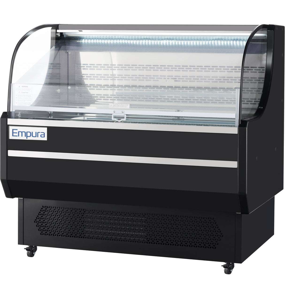 A black Empura refrigeration display case with curved glass front and top, brand label on the left. The interior is empty with a metal shelf and bright lighting. The base has a ventilation grid. The refrigerated display case is isolated on a white background.