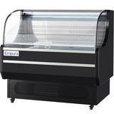 A black Empura refrigeration display case with curved glass front and top, brand label on the left. The interior is empty with a metal shelf and bright lighting. The base has a ventilation grid. The refrigerated display case is isolated on a white background.
