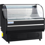 A black Empura Refrigeration open air merchandiser with a curved glass front, interior lighting, and bottom vents. The blue and white Empura logo is on the front. Perfect for displaying chilled food or beverages in style.