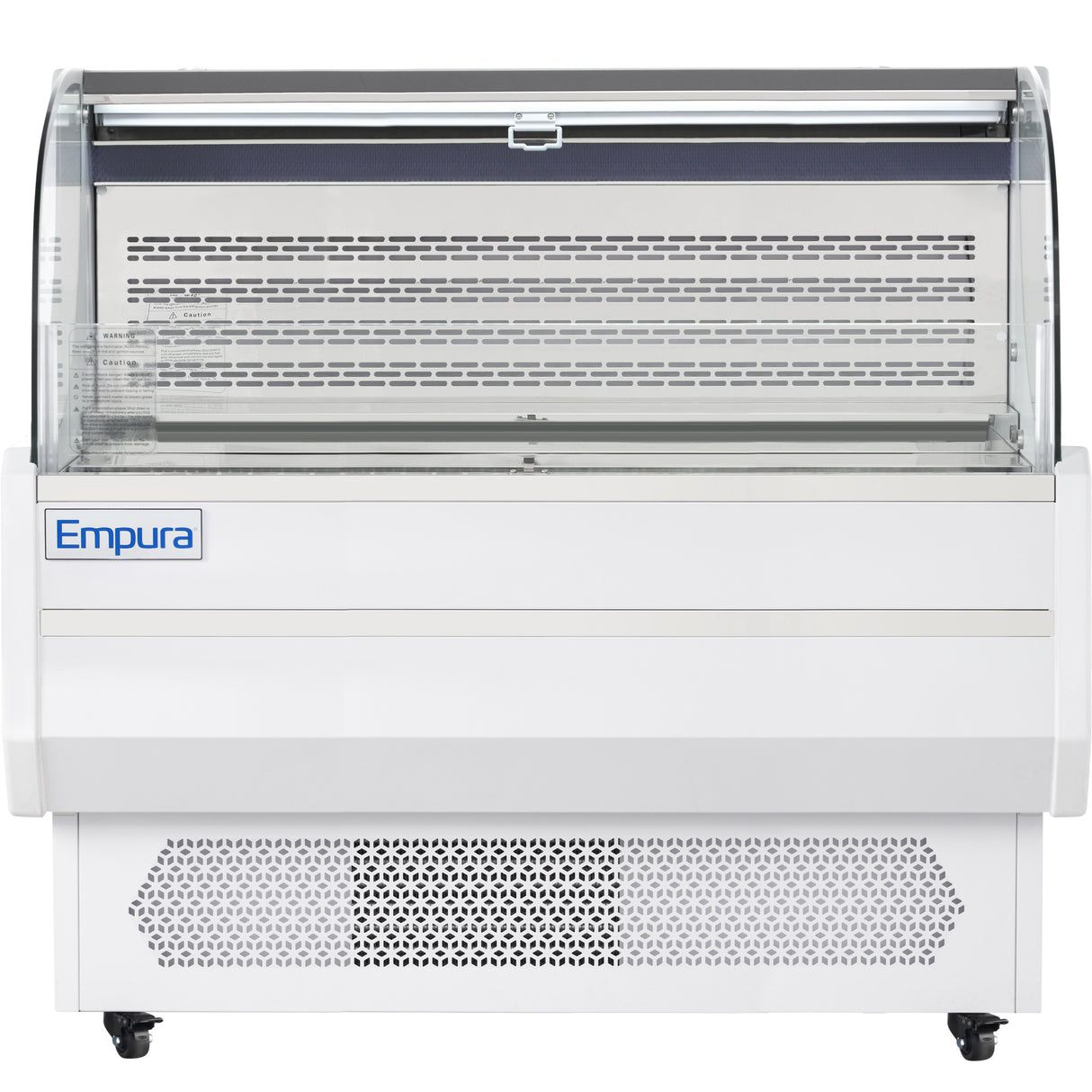 A large, white Empura refrigeration display freezer with a clear curved glass front, flat top, and perforated vent panel at the bottom; the clean interior is designed as a refrigerated display case for showcasing chilled or frozen products.